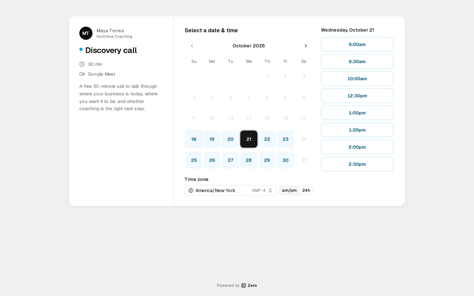 Zero public booking page with date and time picker (sample data)