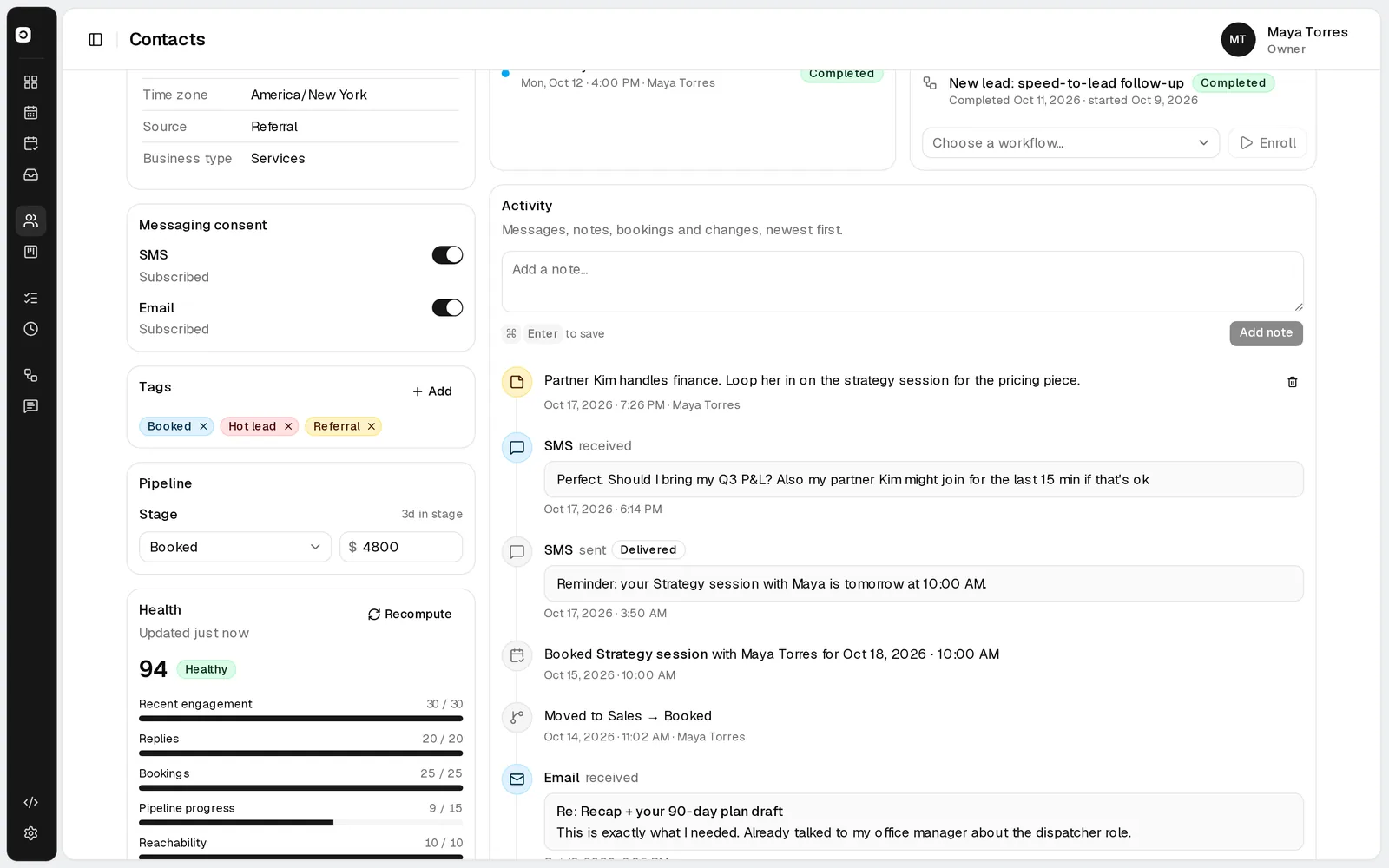 Zero contact record with tags, health score and activity timeline (sample data)