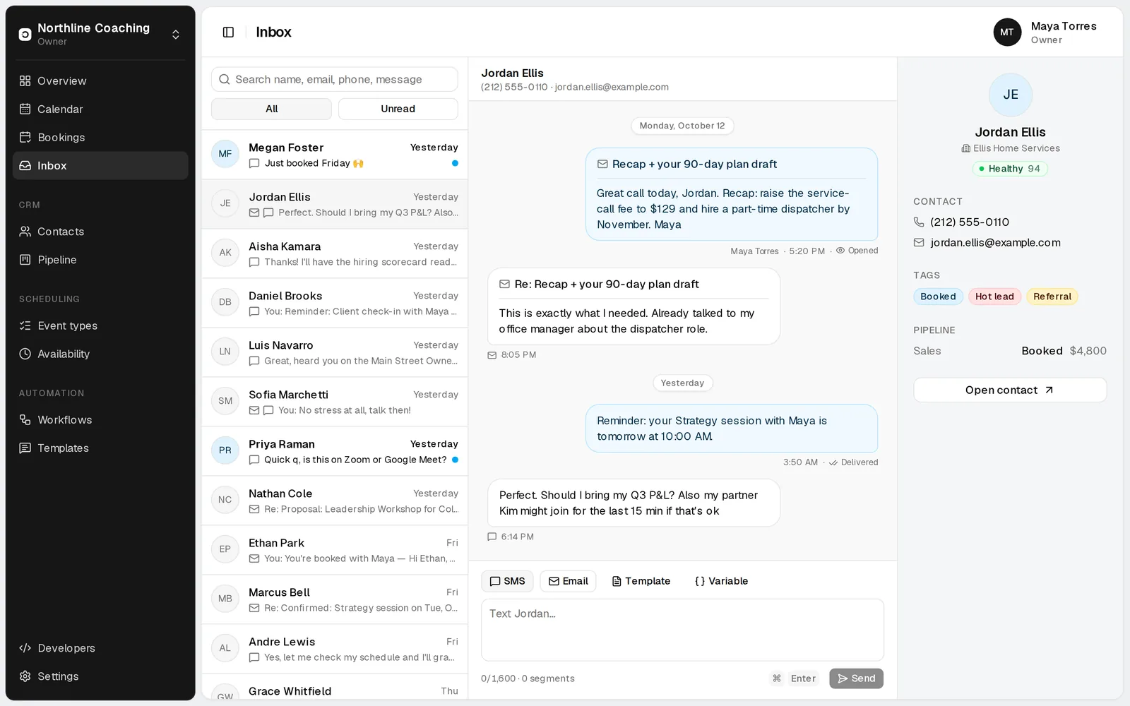 Zero inbox with an SMS and email conversation open (sample data)
