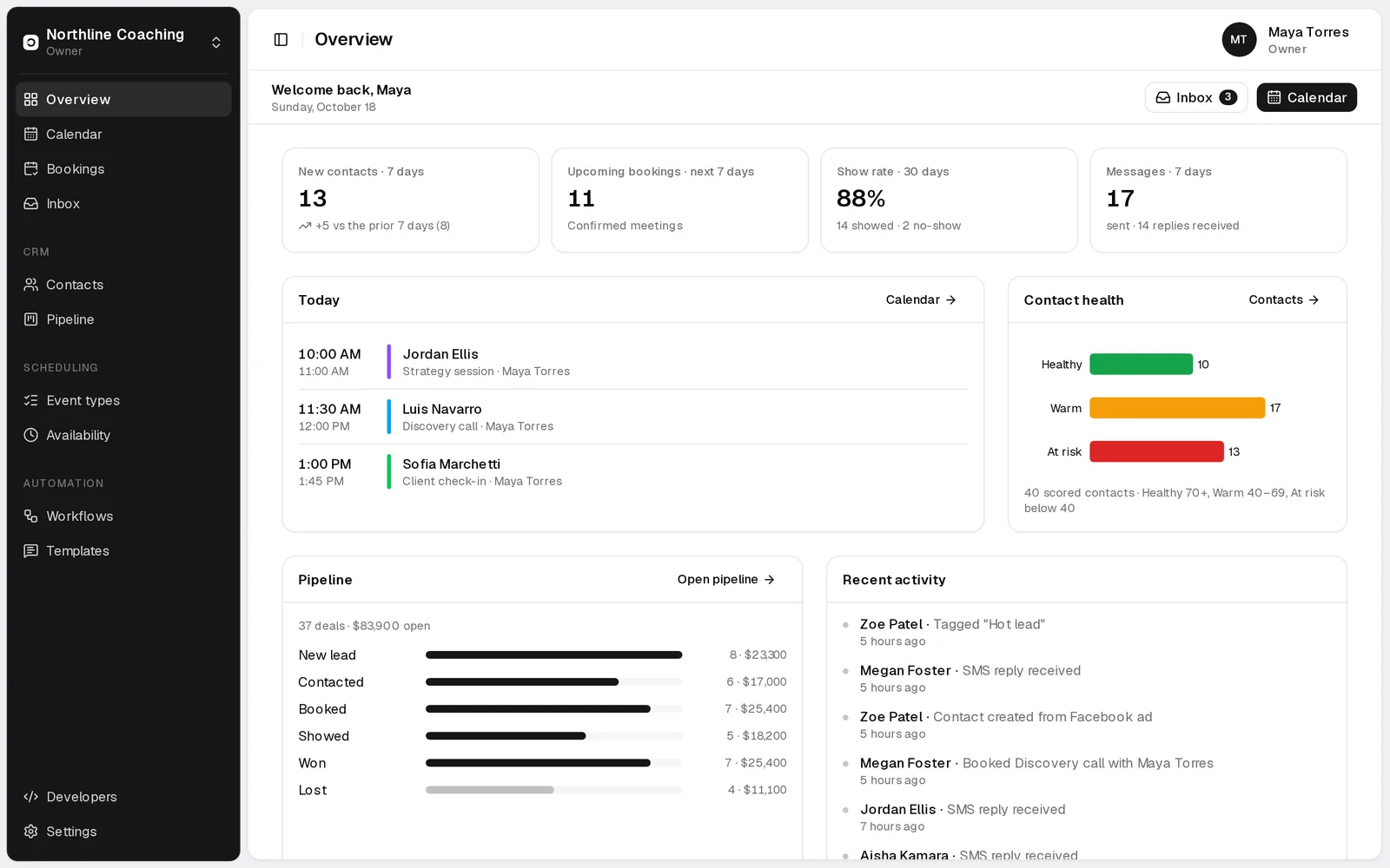 Zero overview dashboard with pipeline value, today's bookings and recent conversations (sample data)