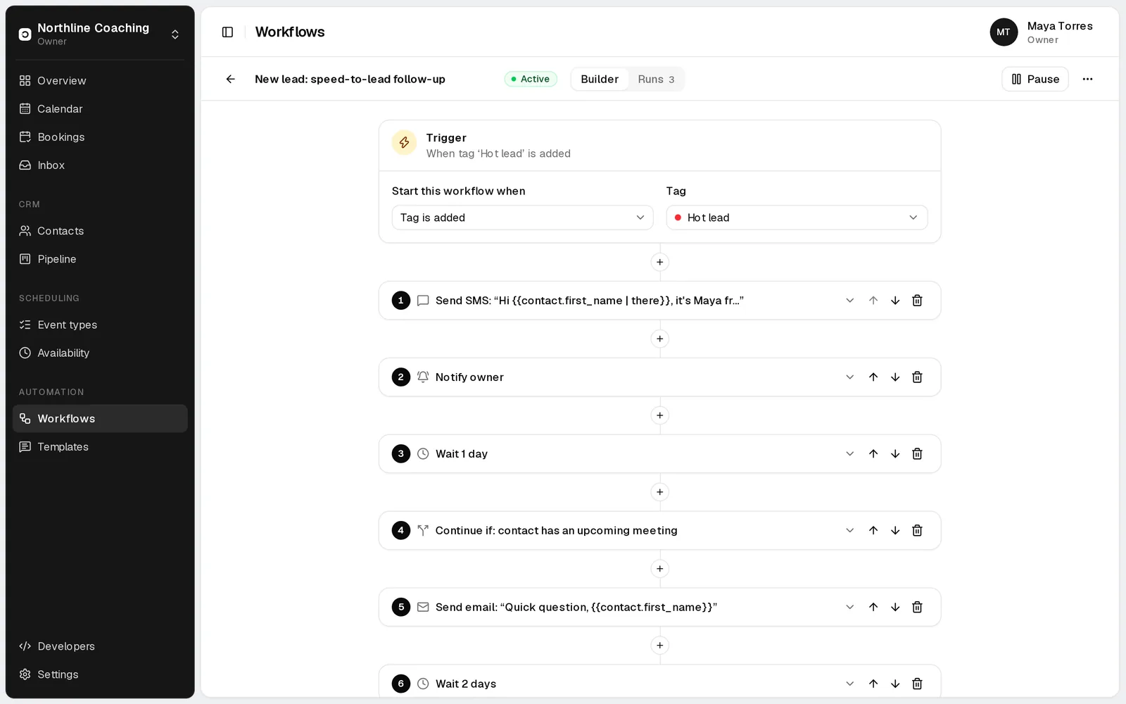 Zero workflow builder: a Hot lead tag triggers an SMS, a wait, a condition and an email (sample data)